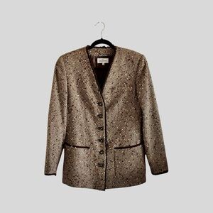 VINTAGE 1990s Valentino Brown & Cream Tweed Blazer with Suede Piping